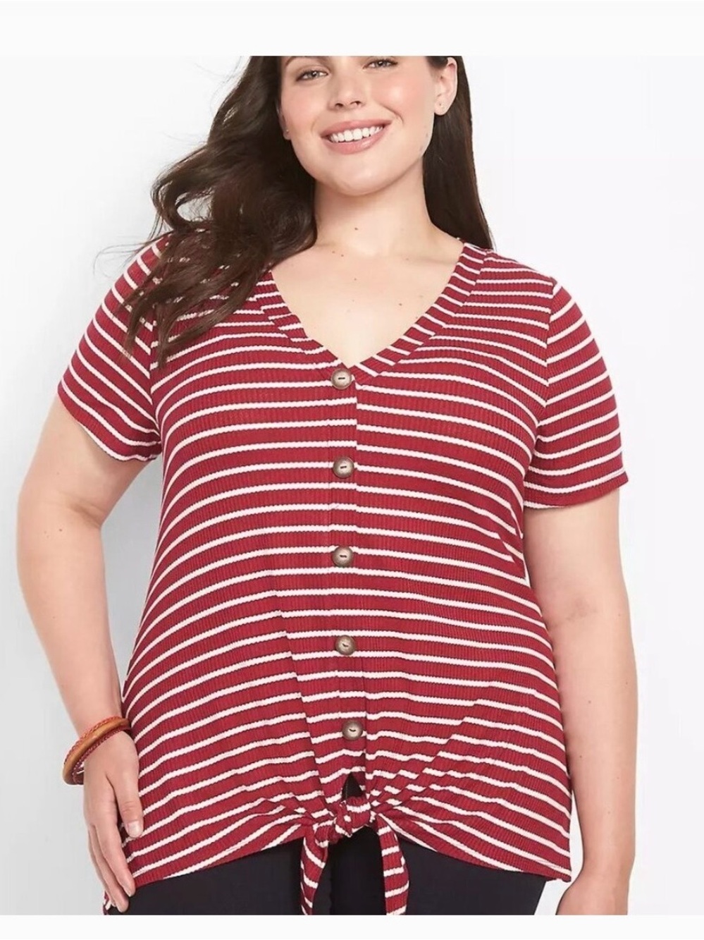 Lane Bryant Red & White Striped V-Neck Button Front Tie-Hem Sweater 14/16